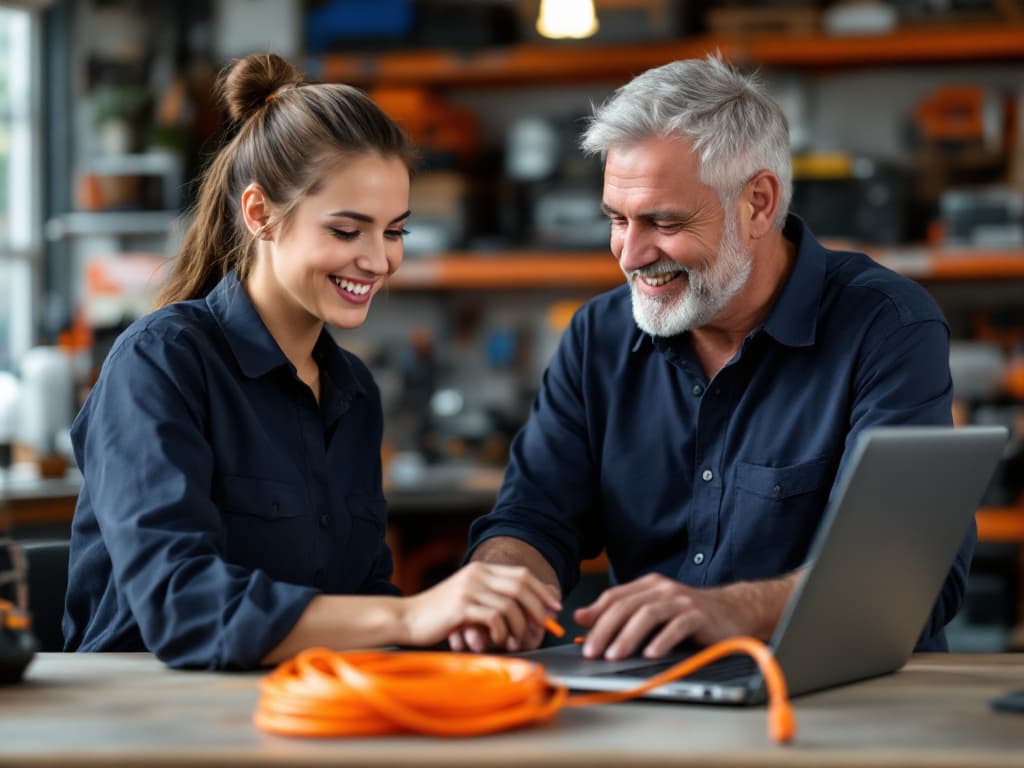 An IT technician and a store owner smiling over a laptop at the shop counter, an orange network cable coiled beside them