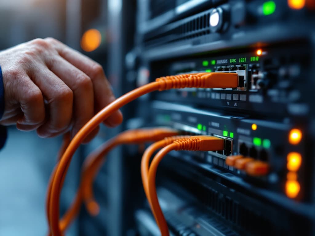 A technician's hand plugging an orange cable into a network switch while amber and green status lights glow